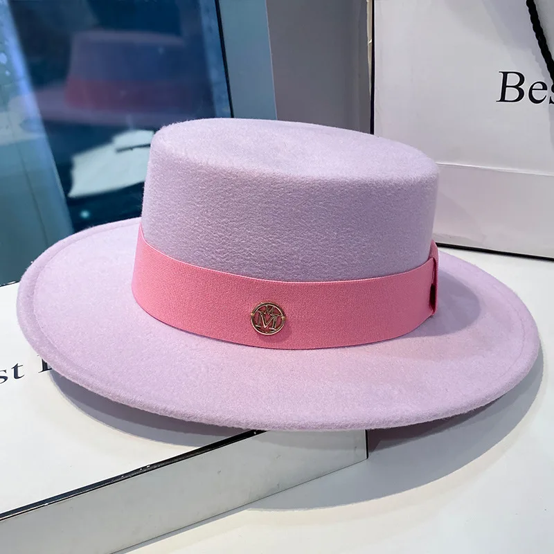 Fedora Rhinestone RB Ribbon Flat Top Hat for Women\'s Autumn and Winter Travel Versatile Flat Top Hat sombrero hat