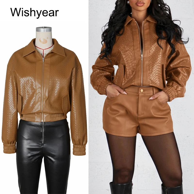 

Fashion Faux Leather Jakcet Women Long Sleeve Zipper Lapel PU Crop Coats Street Moto Biker Midnight Hipster Tops Outerwear y2k