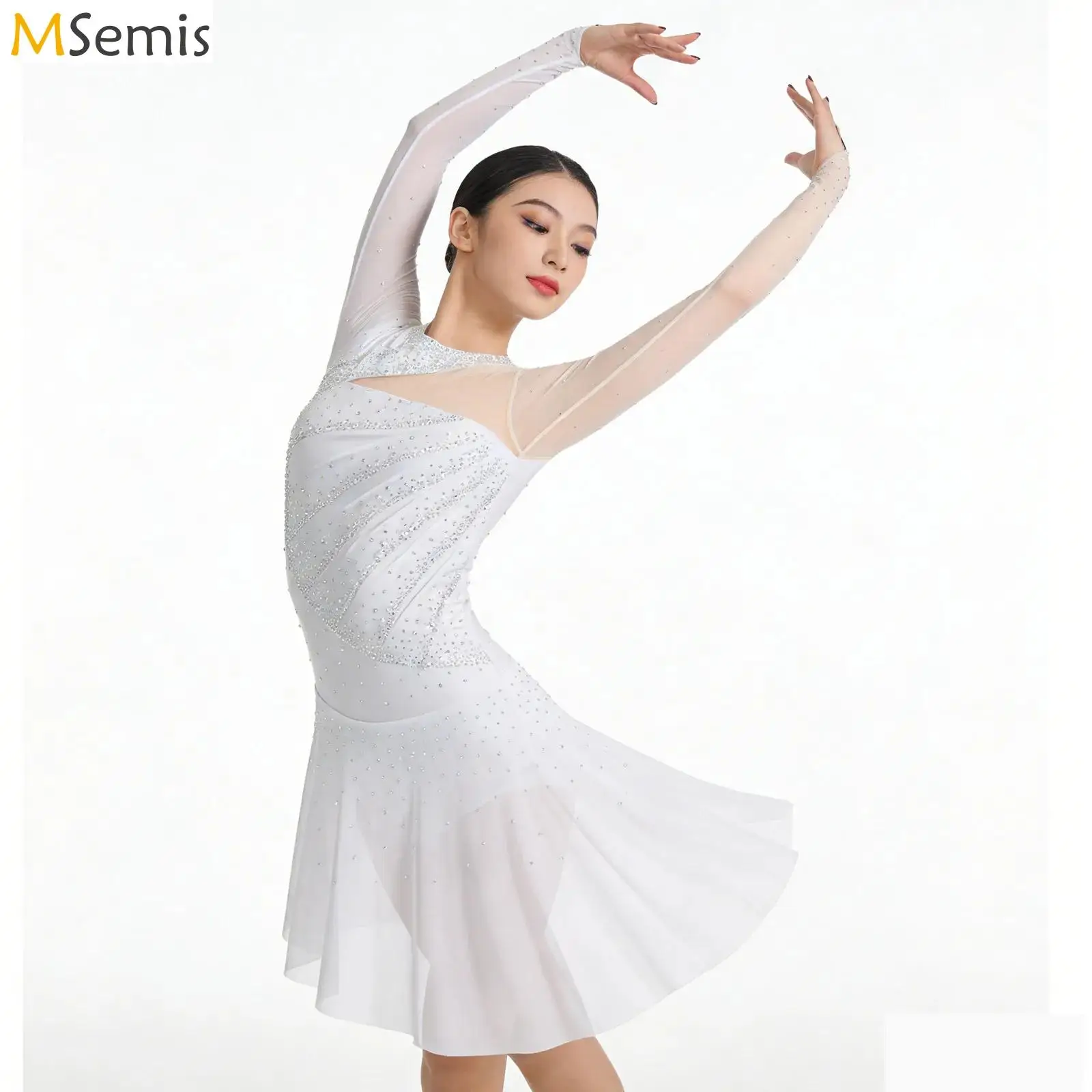 

Womens Gymnastics Figure Skating Ballet Lyrical Dance Performance Costume Rhinestone Mesh Long Sleeve Latin Dance Gown Dress