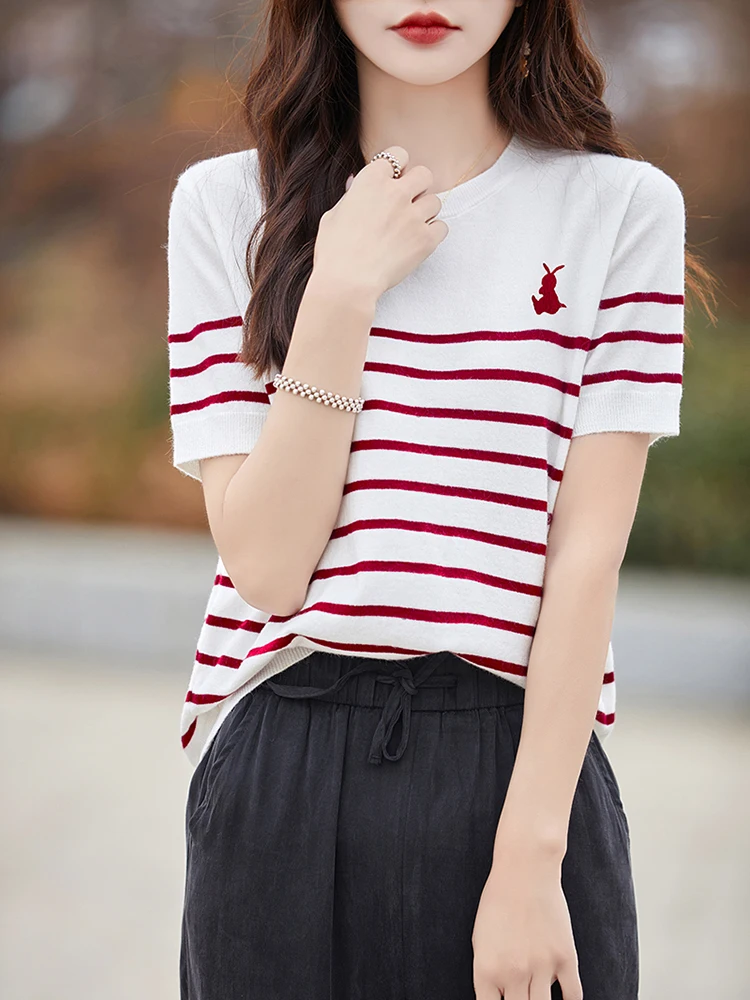 

2025 New Summer Short Sleeves T-Shirt Stripe O-Neck T-Shirt Women's High Grade T-Shirt Fashion Comfortable Leisure T-Shirt Tops