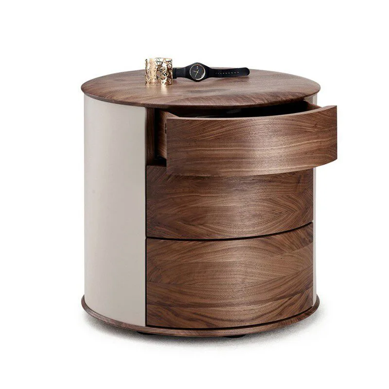 Round bedside table Household bedroom Small shelf Walnut three-layer bedside storage cabinet