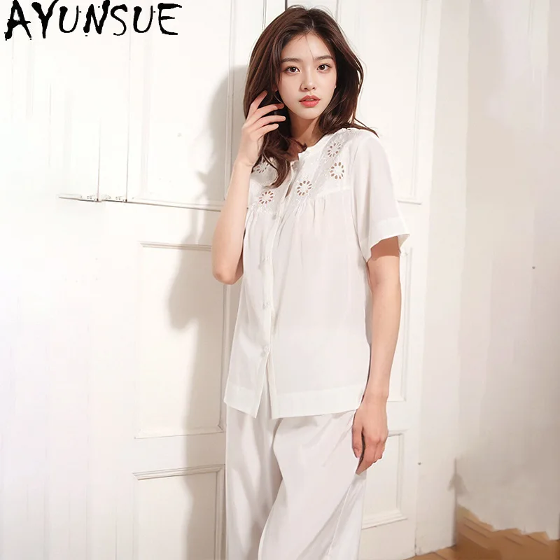 AYUNSUE 52.7% Mulberry Silk+47.3% Cotton Sleepwear Women Clothes Casual Long Pants Tops Summer Pajama Two-piece Set Hollow-out
