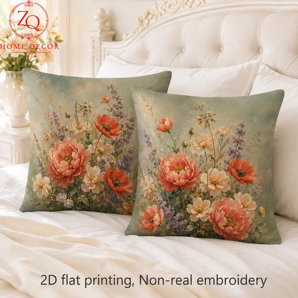 Peach Skin Floral Cushion Cover 2D Flat Printed Flower Pillowcase Oil Painting Wildflower Throw Pillow Case For Sofa Couch Decor