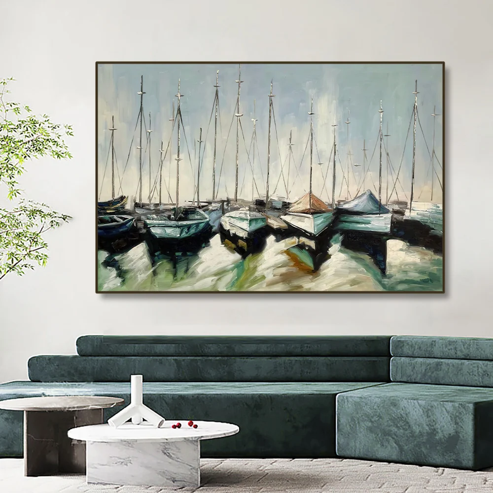 100% Hand Painted Marine Architecture Oil Painting Modern Abstract Canvas Wall Art Handmade Sailing Boat Painting For Home Decor