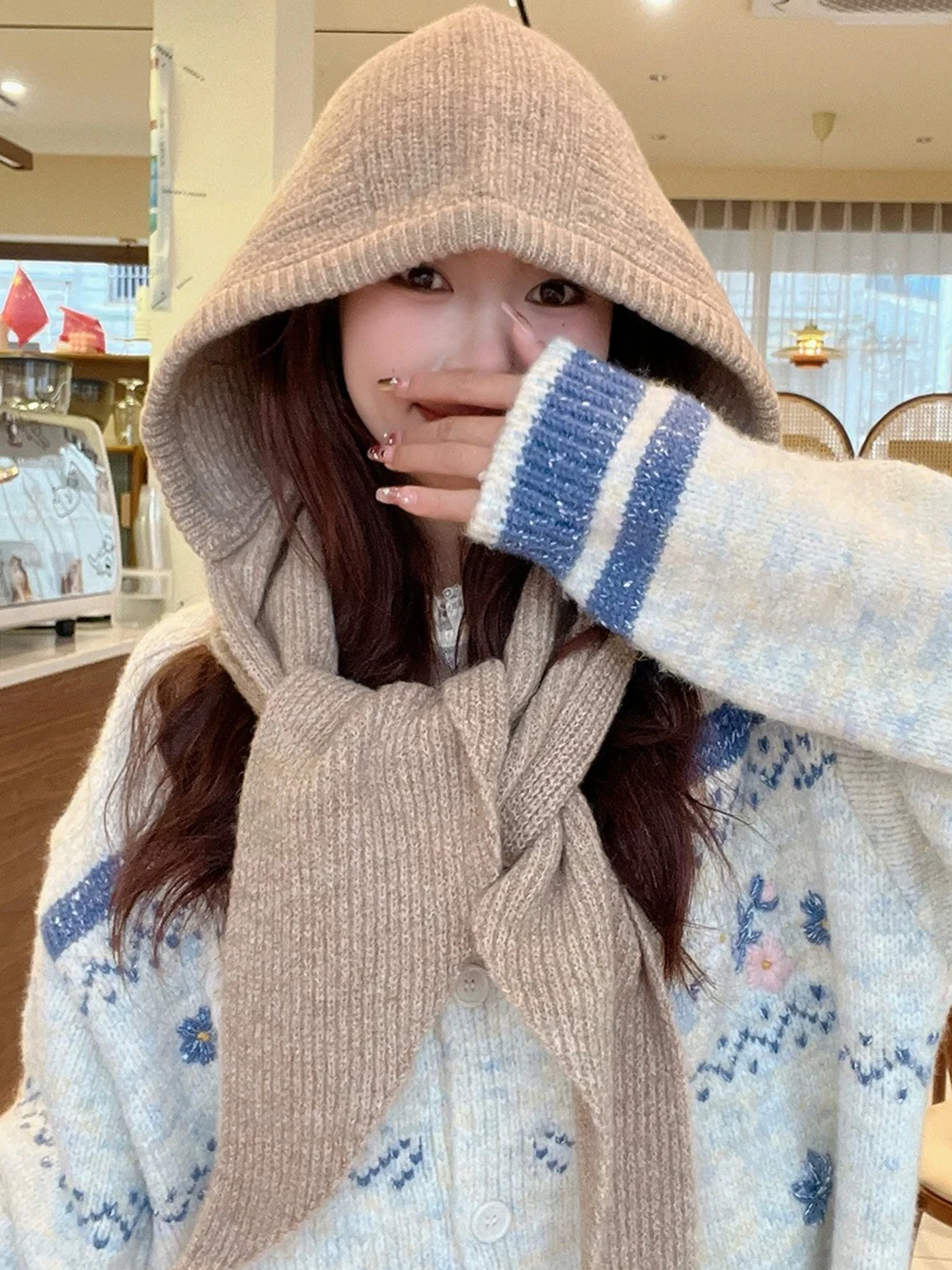 Brioche Stitch Thickened 100% Merino Wool Triangle Scarf Women's Hat Autumn Winter Seasoanl Essential Warm Comfort Full Coverage
