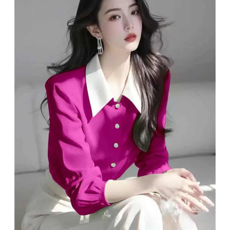 

Новинка 2023 года, весенне-осенняя простота, элегантная однотонная блузка с отложным воротником, женские универсальные шифоновые рубашки-кардиганы на пуговицах