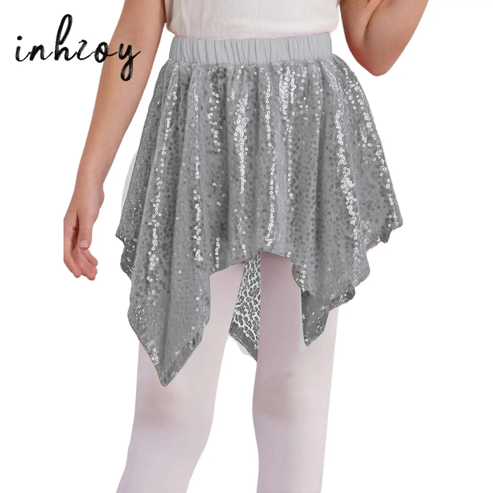 

Kids Girls Cheerleading Jazz Dance Skirt Shiny Sequins Elastic Waist Irregular Hem Skirts with Built-in Shorts for Performance