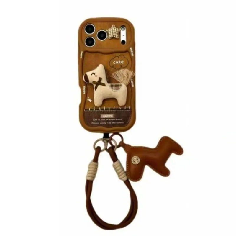 

Suitable for Iphone Cute Horse Doll Phone Case with Wrist Strap Retro Brown Leather Texture Soft Shockproof Cover Gift for Girls