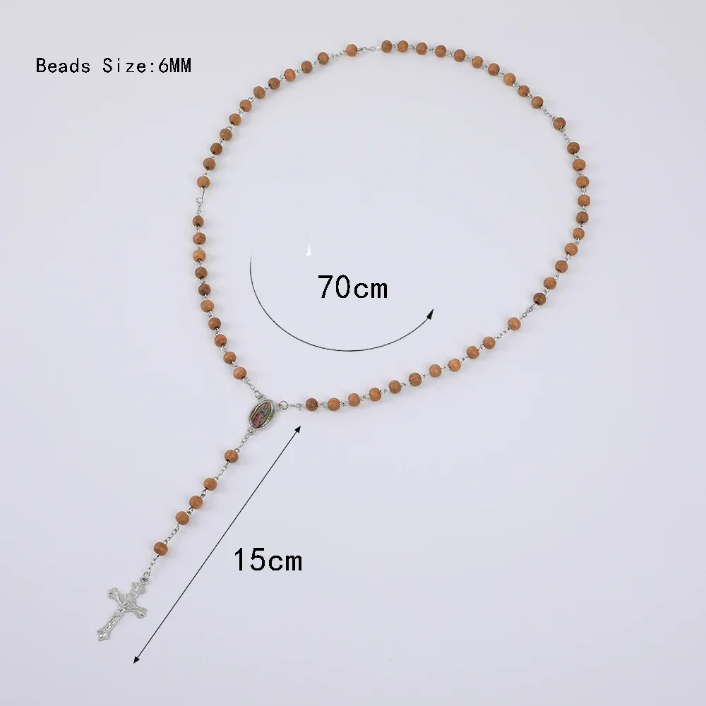 Wood Rosary Necklace For Women 6MM Wooden Prayer Beads Long Chain Religious Virgin Mary Cross Pendant Men Party Jewelry Gift