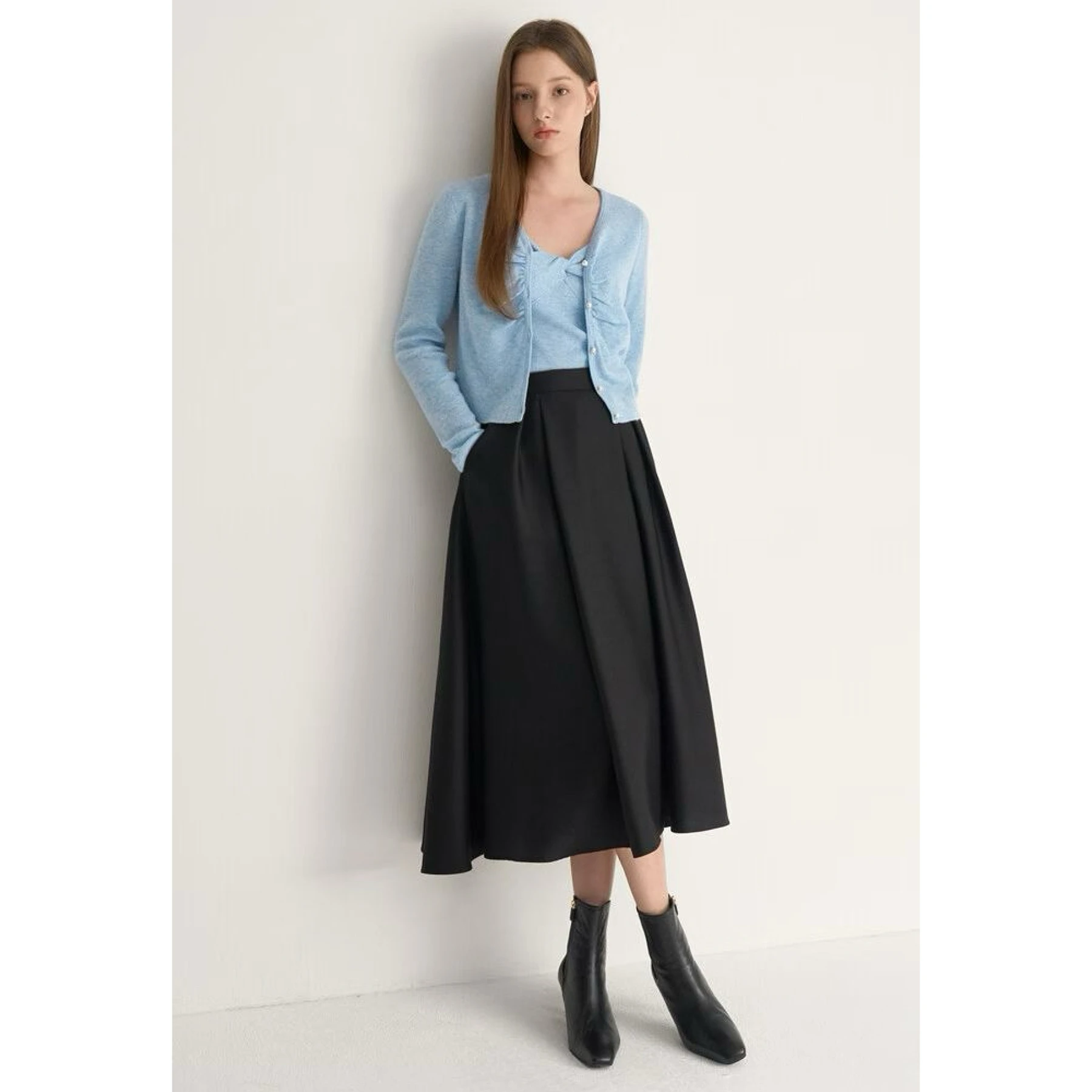 

Ele Pearl Decorated Midi A-Line Skirt High Waist Umbrella Skirt Versatile Lemon Cheese Commute Sle Ci Women's Faion