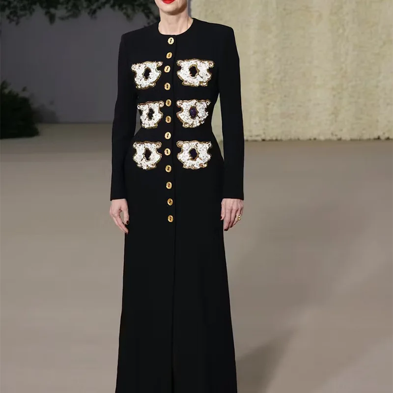 

HUISONG Personality Pattern Patchwork Long Coat Round Neck Long Sleeve Hit Color Elegant Jacket Female Fashion Autumn Winter