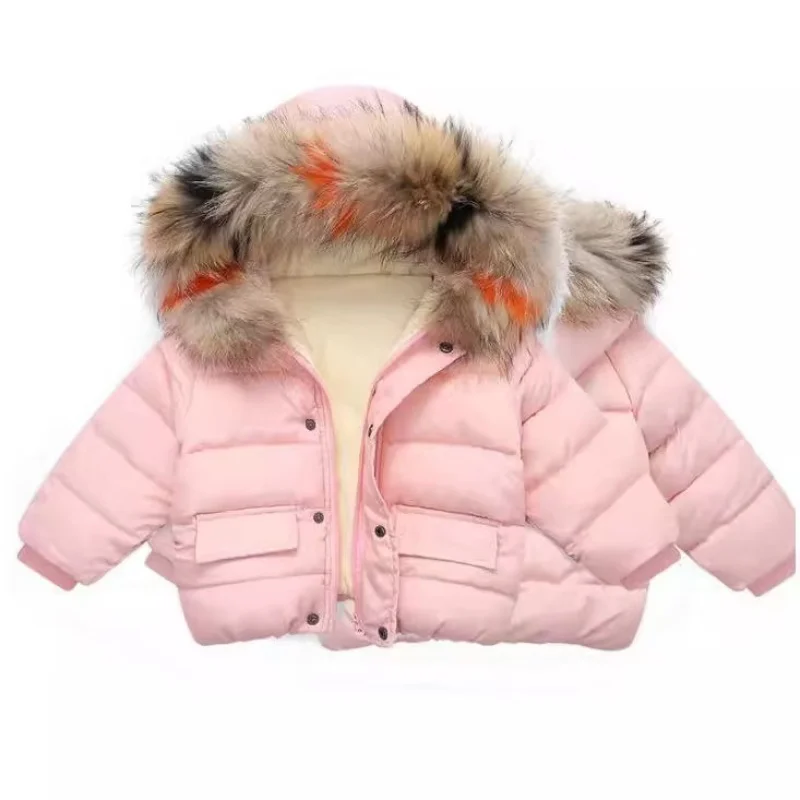Winter New Fashion Children's down Jacket Girls Cotton Coat with Fleece Lining And Real Fur Collar Boys Cotton Clothing 80-130CM