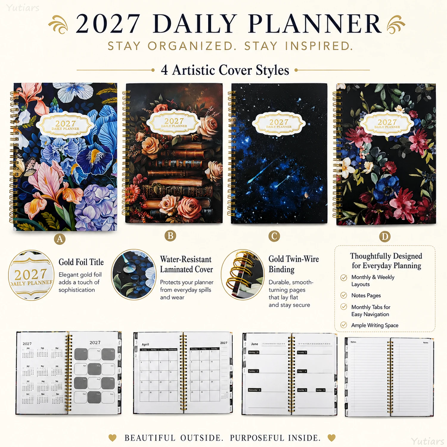 2027 Floral Art Spiral Planner, Vintage Oil Painting Cover Monthly Weekly Daily Organizer Notebook for Work Study Gift