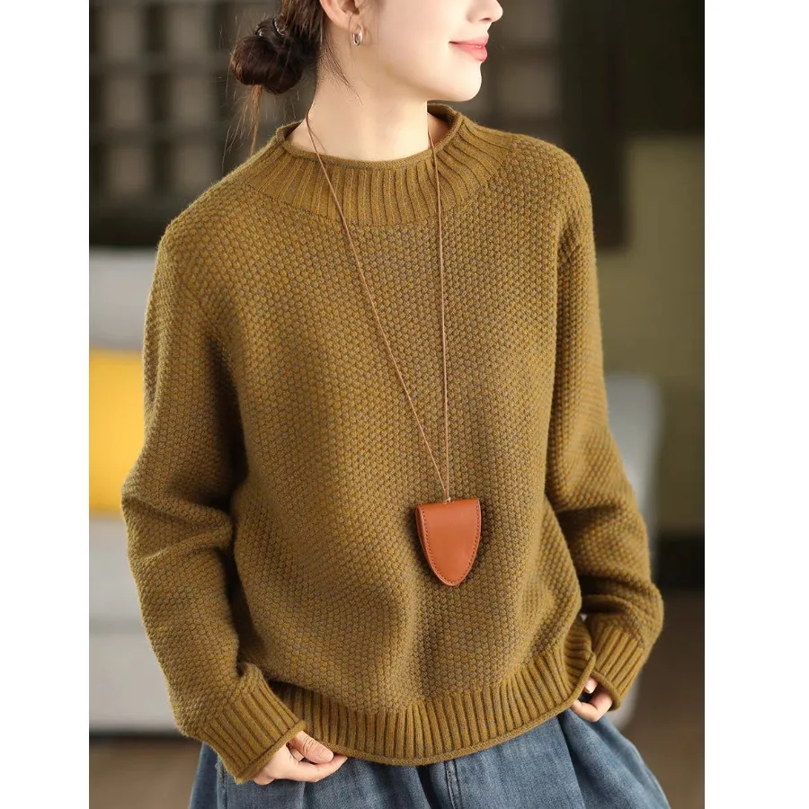 

Thiened Double Knit Cotton Sweater High Collar Overhead Pine Pattern Quali Pure Color Women's Faion Autumn Winter