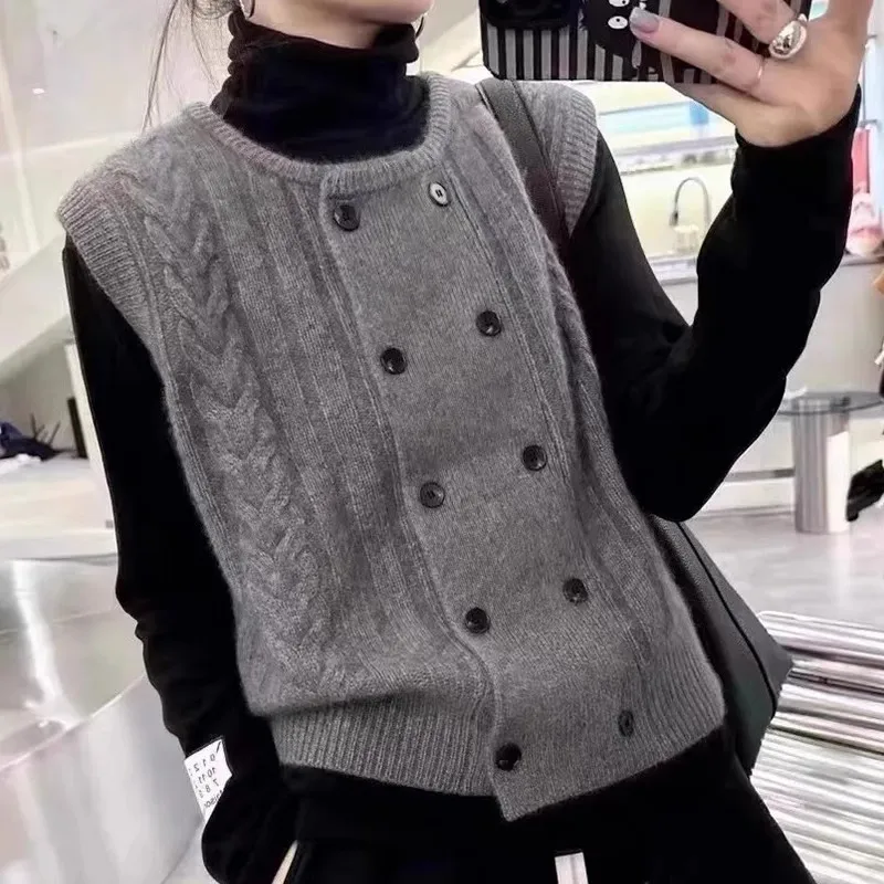 

Женский вязаный кардиган, жилет с двойной пуговицей, круглый Ne Svel, однотонный, весна 2023, модный универсальный цветной свитер