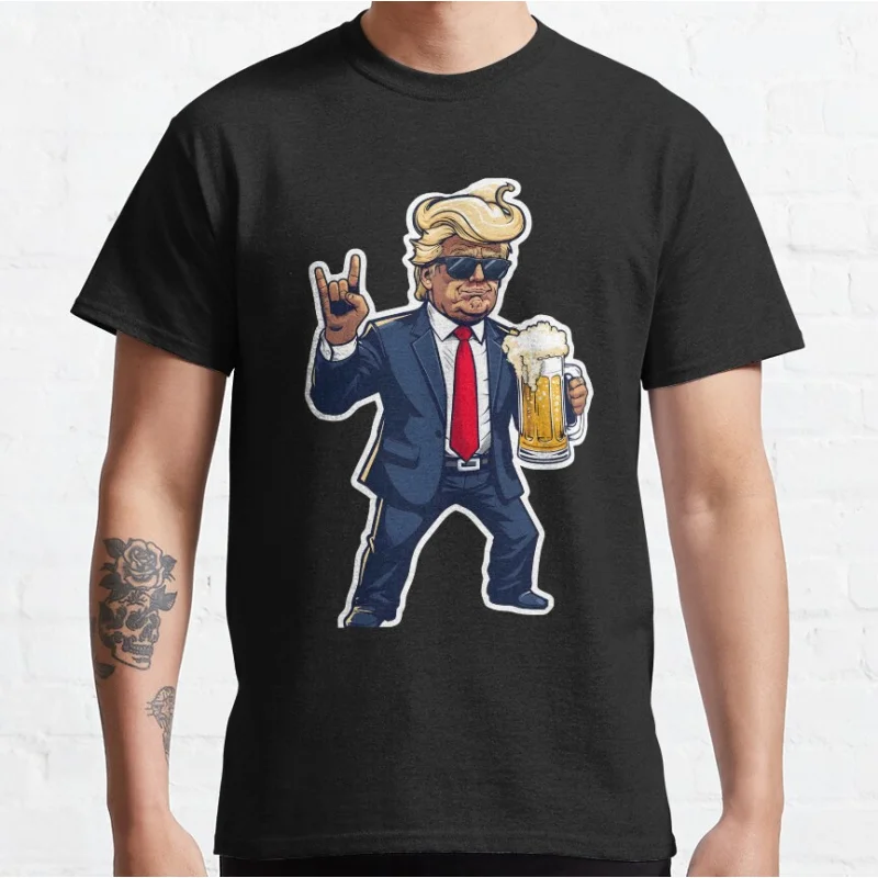 

Funny Cartoon Donald Trump In Dynamic Pose With Beer Mug graphic t shirts for beer lover large size Adult tops S-6XL