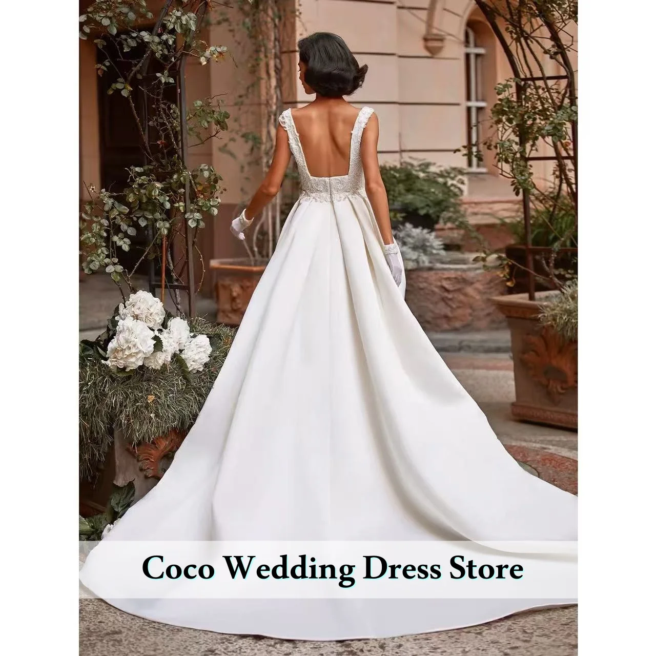 فساتين زفاف رائعة بياقة مربعة مخصصة من الساتان فساتين زفاف مطرزة بدون أكمام بدون ظهر فيستدوس دي نوفيا