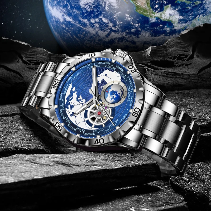 2025 New GLENAW Earth Series Mechanical Watch Men Rotating Earth Dial Night Light Waterproof Top Luxury Design Mechanical Watch