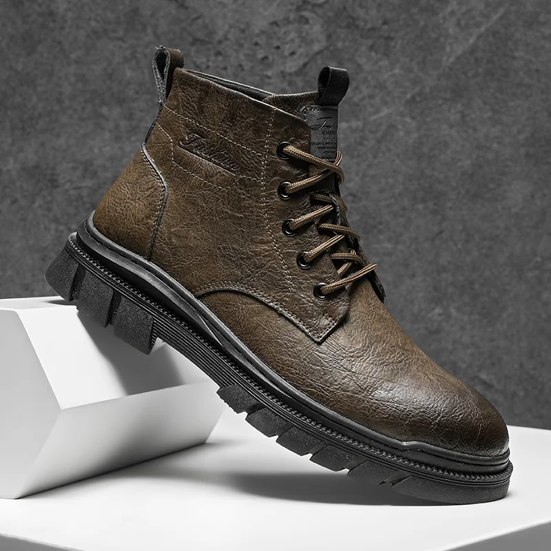 

Luxury Brand Leather Boots Men's 2025 New British Wind High Top Casual Shoes for Men Comfortable Waterproof Motorcycle Boots