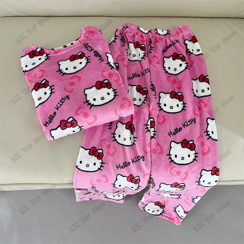 Hot Flannel Hello Kitty Pajamas Set Warm Woolen Casual Home Pants Jacket Fall Winter Thermal Underwear Loungewear Xmas Girl Gift