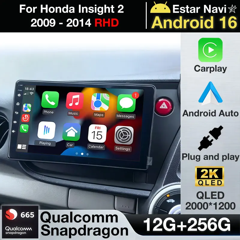 Android 16 para Honda Insight 2 RHD 2009 - 2014 GPS Navi Radio Multimedia para Auto de 9 Pulgadas con Pantalla HD, Carplay Inalámbrico y QLED