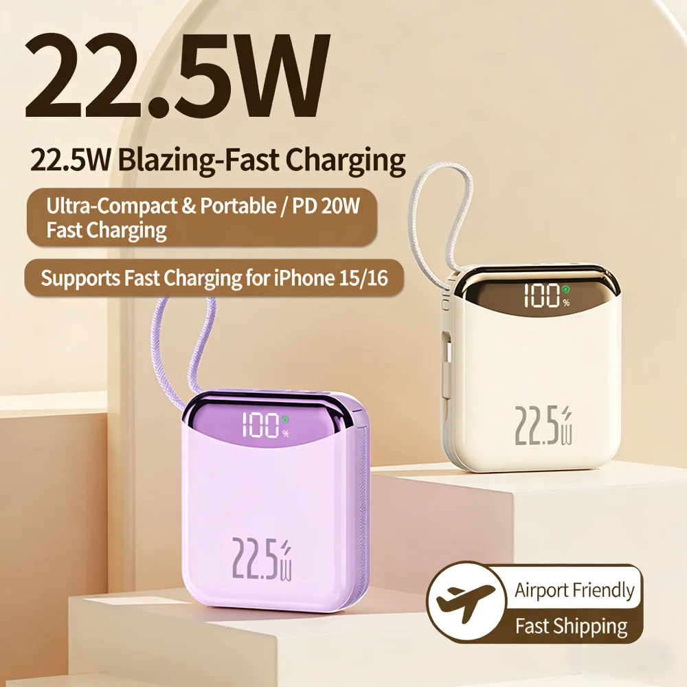 NEUE 10000mAh Powerbank mit schnellem Laden und integriertem Kabel, 22,5W tragbare externe Batterie für iPhone und Xiaomi, kann im Flugzeug mitgenommen werden.