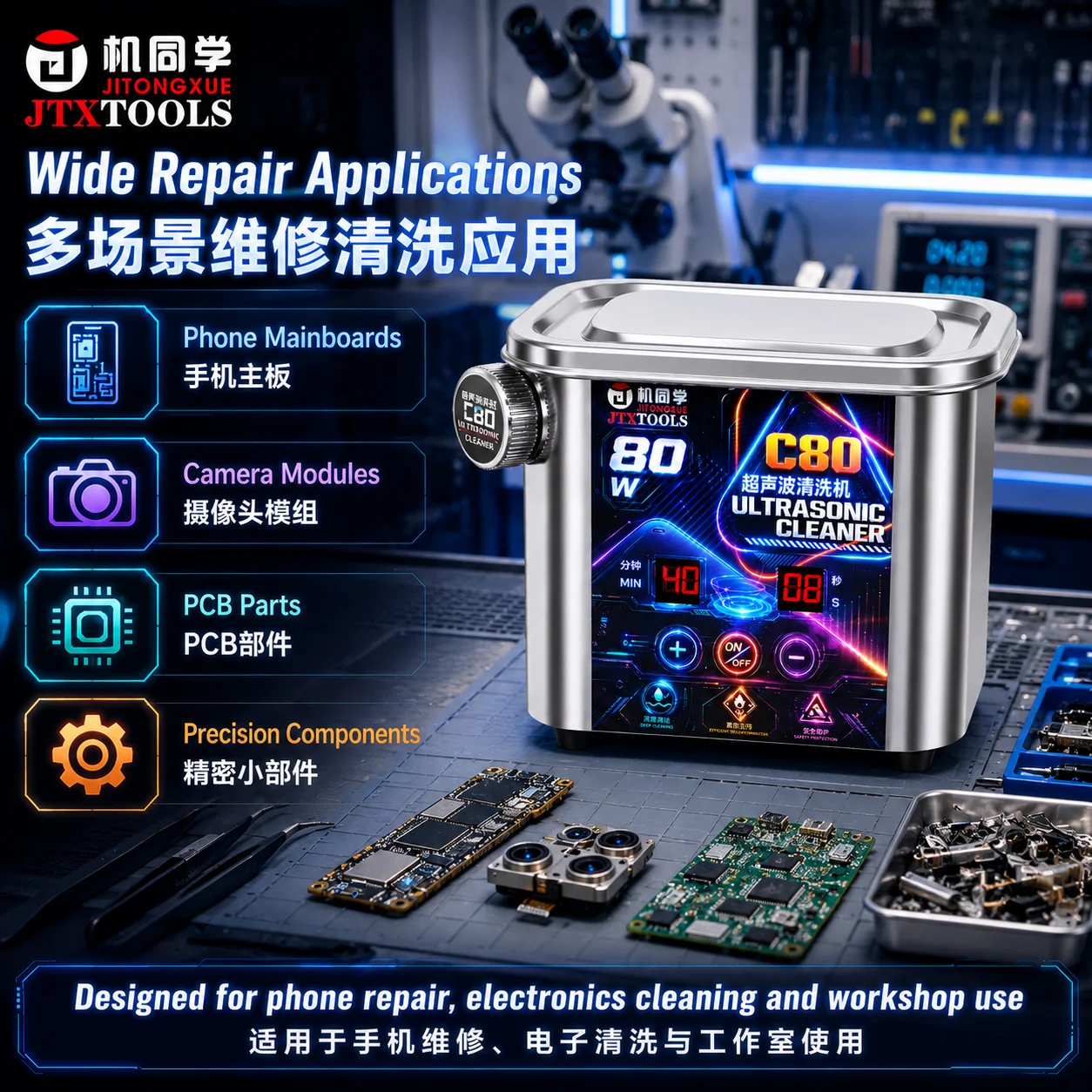 JTX C80 1.2L Ultrasonic Cleaner 80W 40KHz for PCB Mainboard Camera Module Repair - Electronic Cleaning Machine