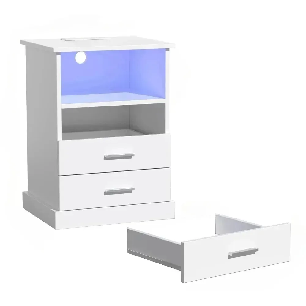 Mini Bedside Table With Charging Station LED Light Bedside Table With 3 Drawers Bedroom Furniture Home