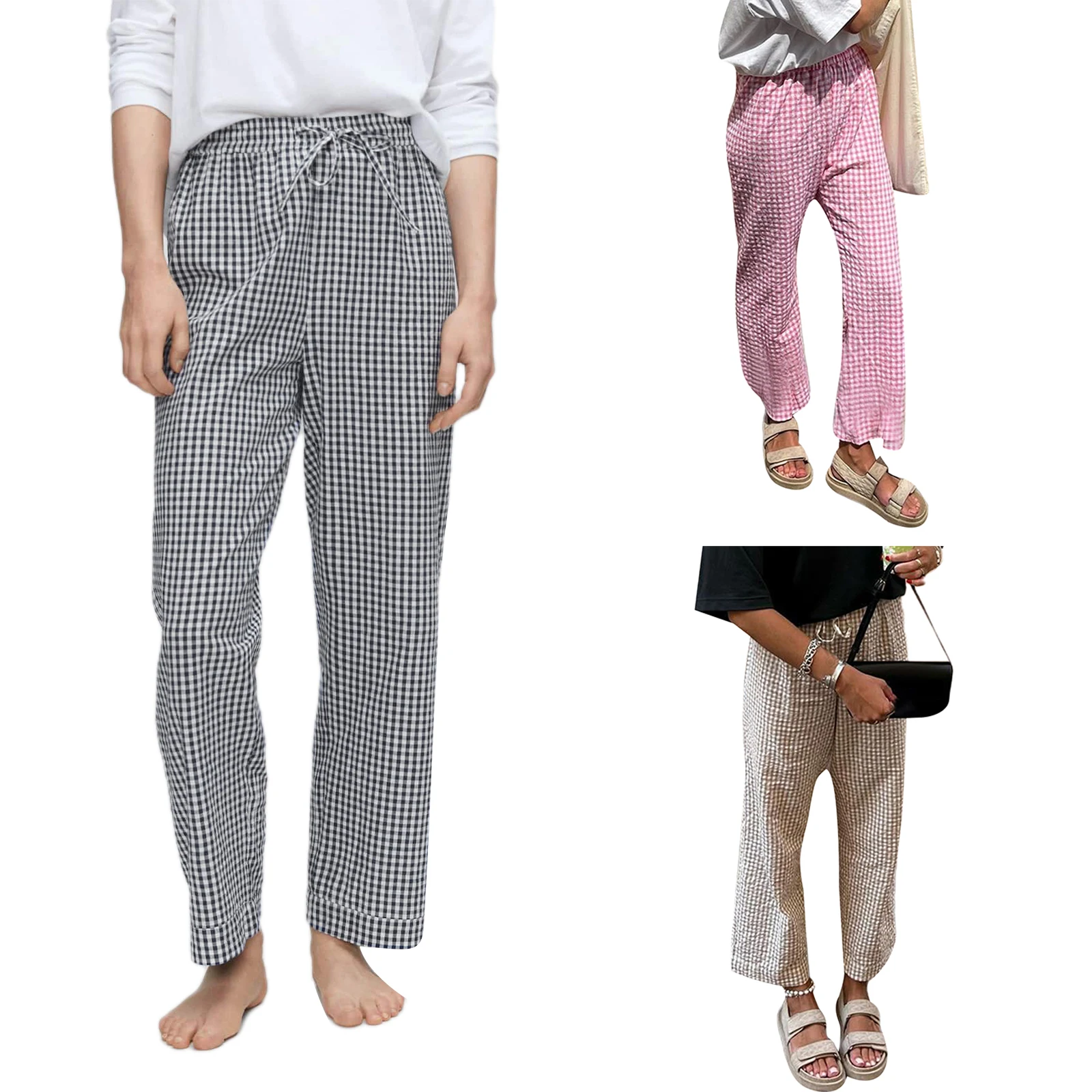 Women Summer Casual Pants Plaid Drawstring High Waist Straight Leg Trousers Y2K Striped Lounge Pants Female Trousers Streetwear