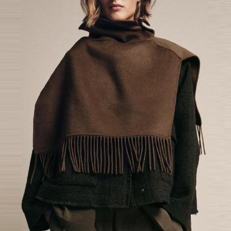 

Шикарная элегантная накидка с кисточками и высоким воротом без рукавов, модный универсальный женский топ, модная скромная шаль, стильная женская уличная одежда