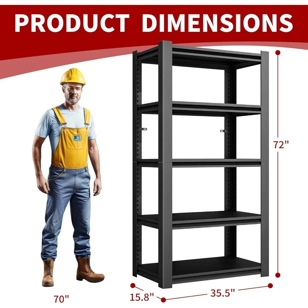 2024 New 72" H Garage Shelving 2500LBS Heavy Duty Storage Shelves Adjustable 5 Tier Metal Shelves