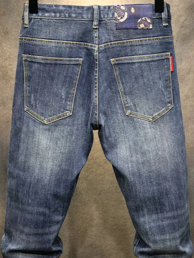 Fashion Designer Men Jeans High Quality Retro Blue Elastic Slim Fit Ripped Jeans Men Trousers Patched Vintage Denim Pants Hombre