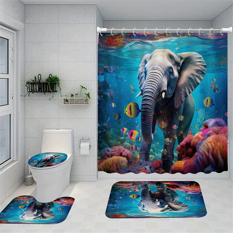 

4 шт. забавные наборы занавесок для душа со слоном, занавеска для душа со слоном в океане с 12 крючками, нескользящий коврик для ванной комнаты, унитаз U-S