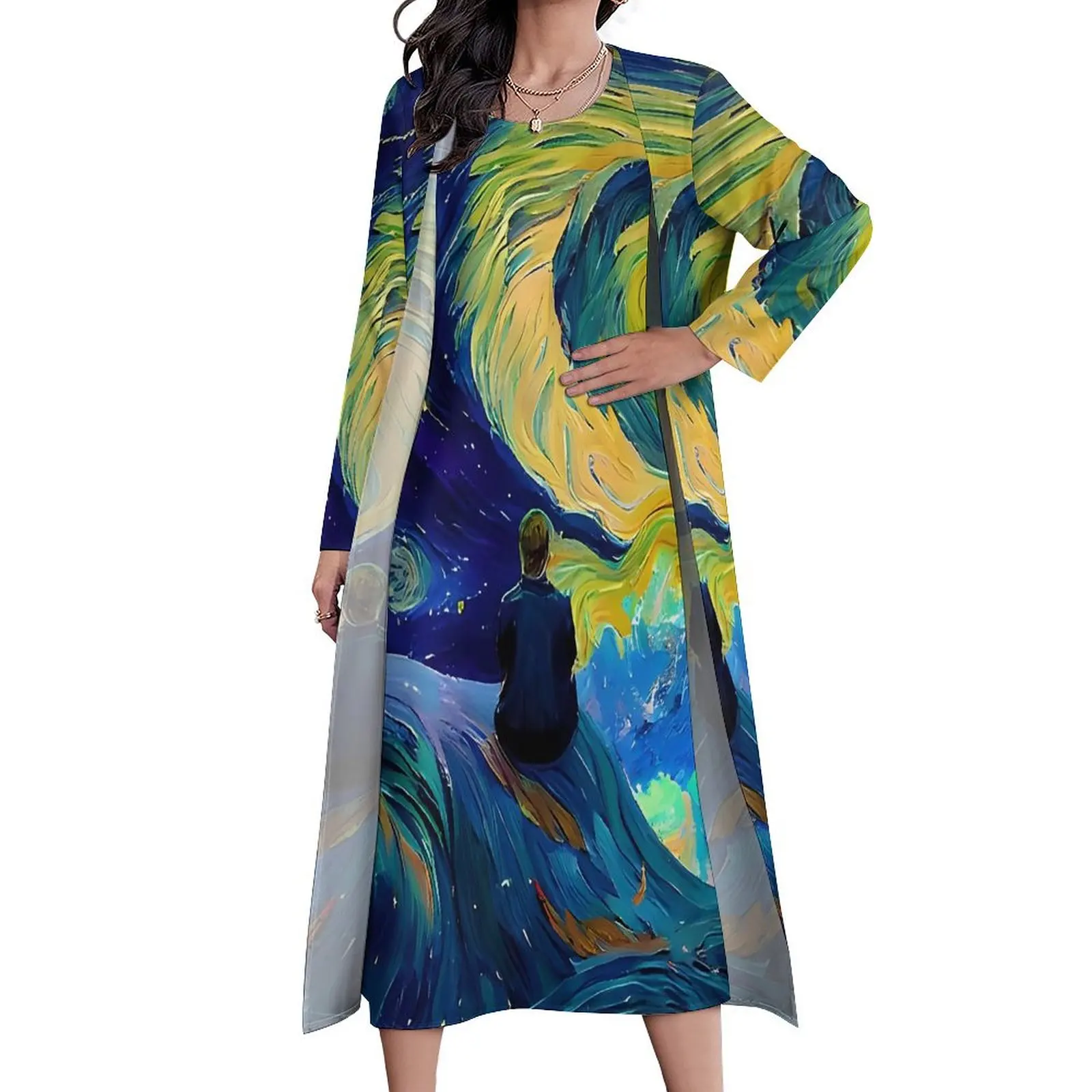 Van Gogh Dress Abstract Starry Night Elegant Maxi Dress Streetwear Boho Beach Long Dresses Autumn Two Piece Graphic Clothes