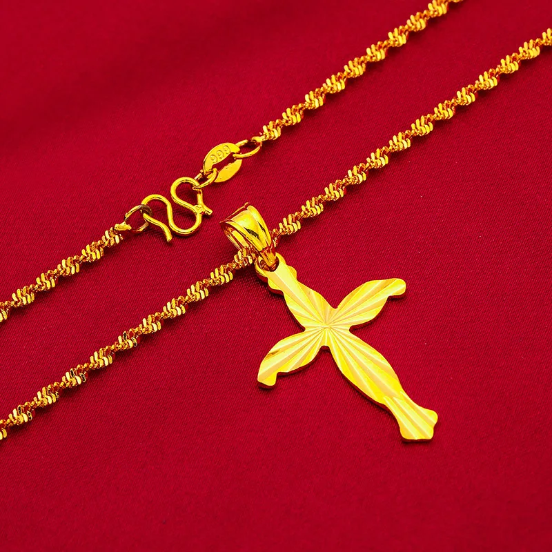 

24K Gold Cross Ripple Women's Necklace, AU999 Pure-Trendy Religious Style, Cross Texture + Ripple Refraction, Neck Luxury Accent