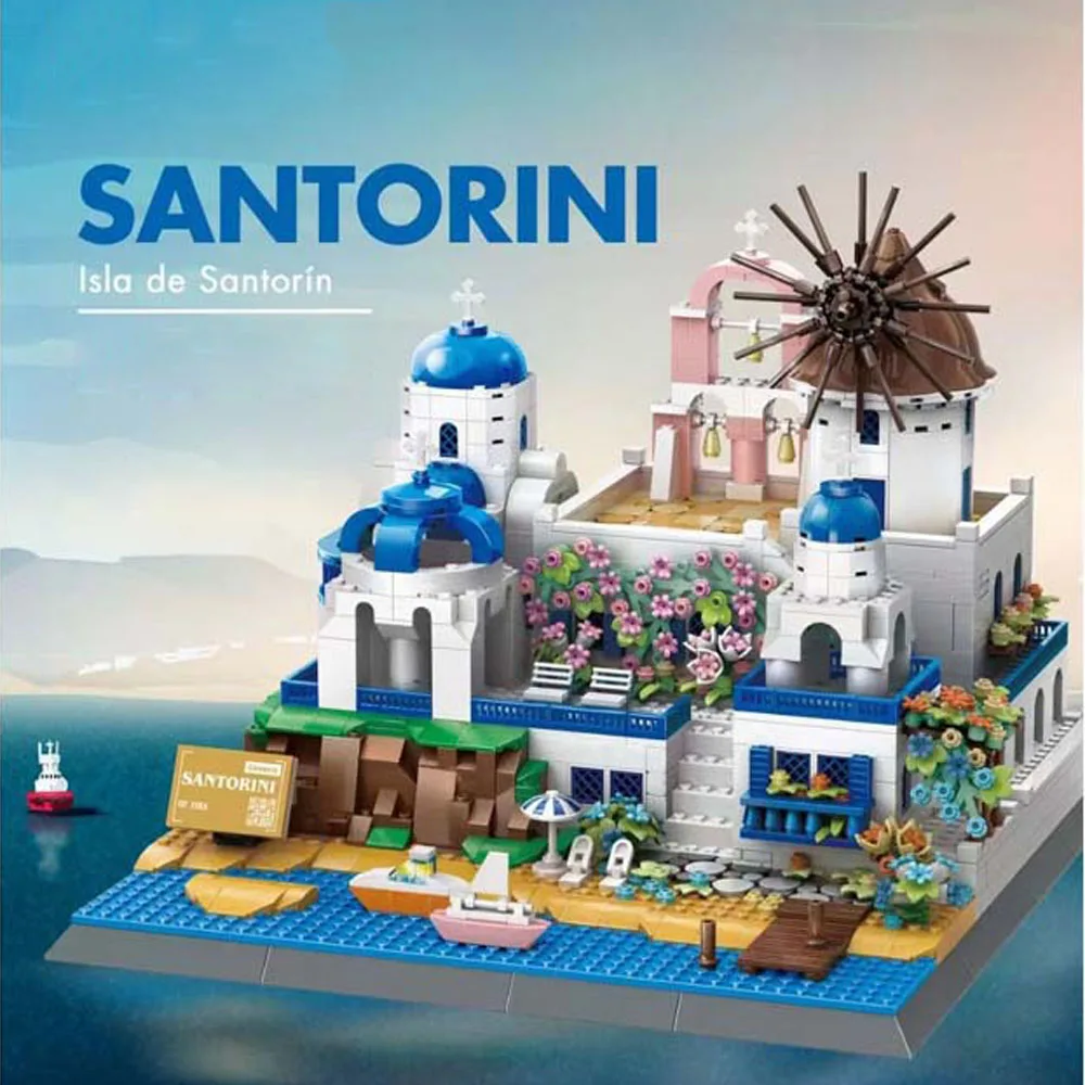 Creative Romantc Island Architecture Greece Santorini Building Block Model Set Aegean Sea Construction Brick Toy For Gift