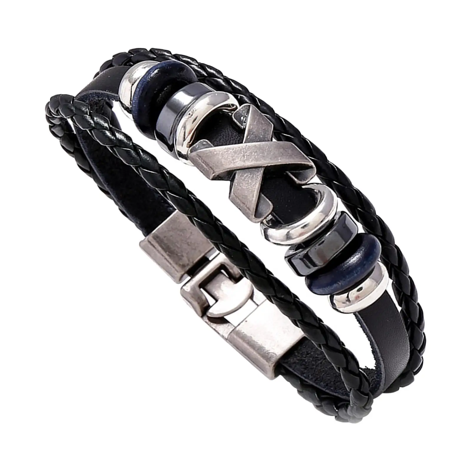 Braided Leather Bracelet Bangles with Alloy Closure Multilayered Chain Charm