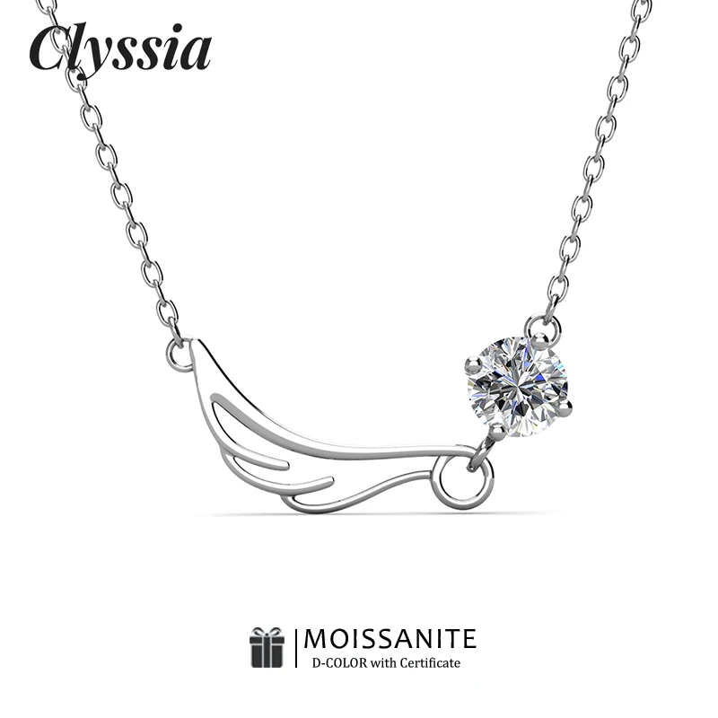 

CLYSSIA Women Angel's Wings 1ct Moissanite Pendant Necklaces Diamond Chain 18K White Gold Plated Jewelry Valentines Day Gifts