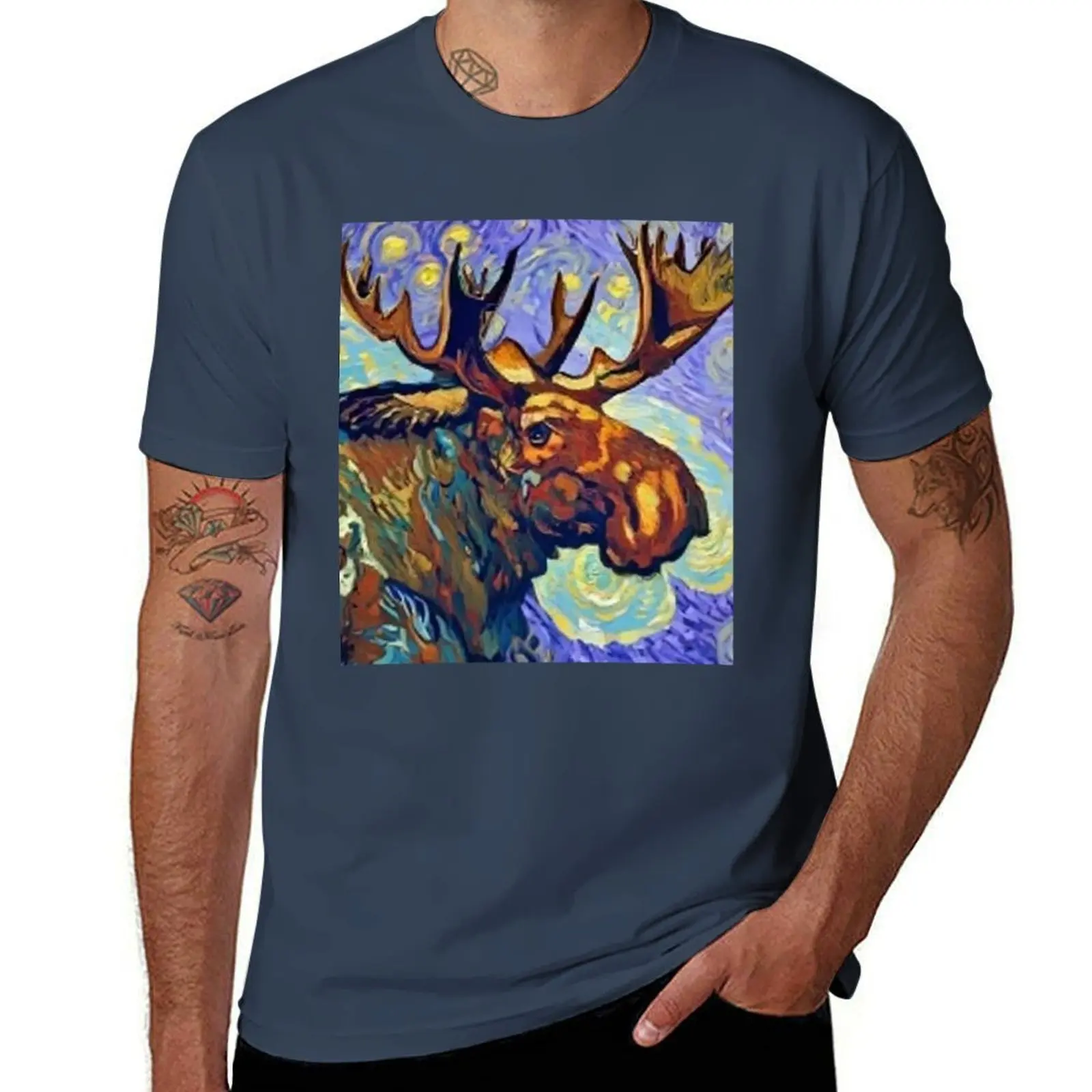 Funny Moose in Van Gogh Style Art T-Shirt blue lock aesthetic clothes mens designer t shirt