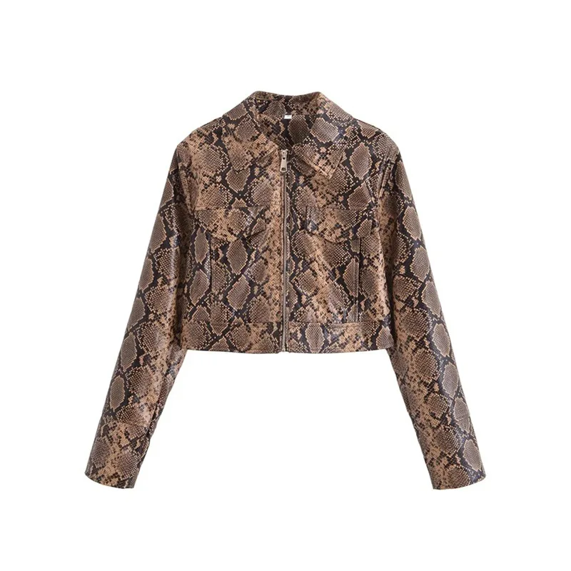 

Women's European And American Style Sexy Snake Pattern Polo Collar Long-Sleeved PU Leather Jacket Loose Casual Short Outerwear