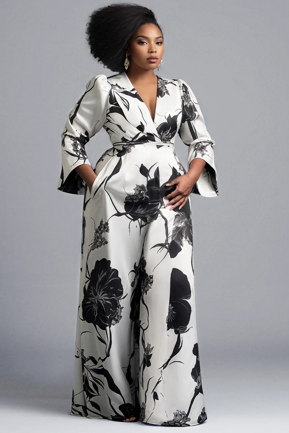 

Plus Size Business Casual Black Floral V Neck 3/4 Sleeve Pocket Elegant Wide Leg Satin Jumpsuits