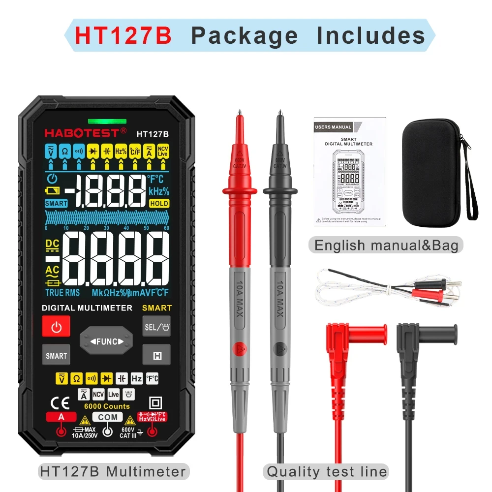 HT127B profesjonalny multimetr cyfrowy zakres Smart Auto AC napięcie prądu stałego prąd Ohm Hz 6000 liczy duży ekran True RMS Test Temp