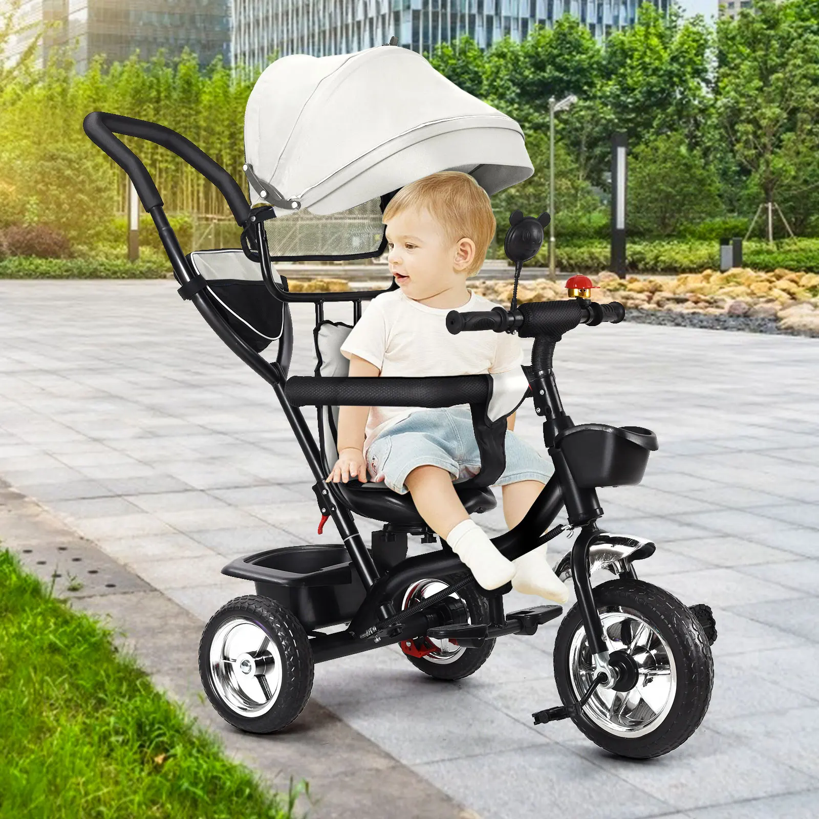 Baby-Dreirad 6-in-1 Babyfahrrad mit Schiebegriff für 1-5 Jahre Alte Kinder mit Stauraum und Sicherheitsgurt in Grün/Rosa/Schwarz/Rot/Blau/Grau