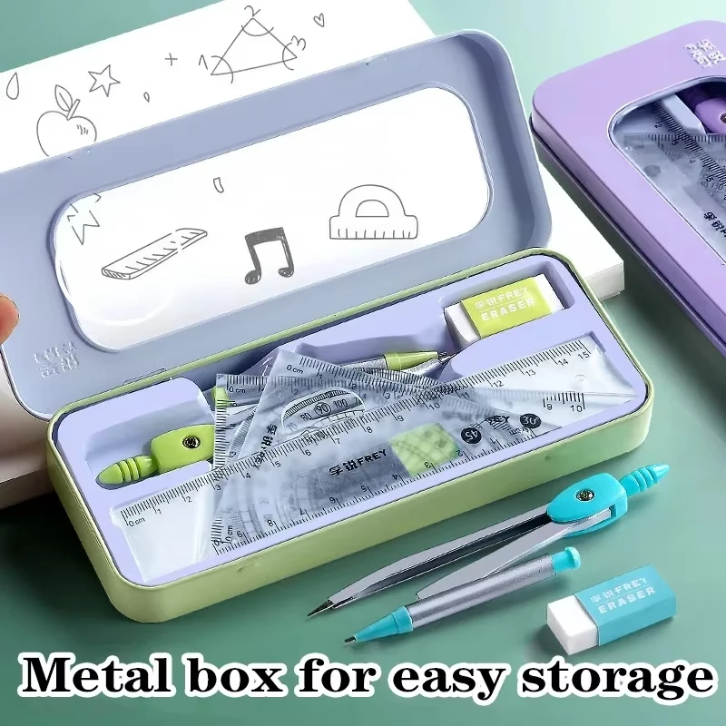 7pcs/set Compass and Ruler Sets Triangle Ruler Protractor Rubber Student Exam Specific Ruler Box Set Ruler Set School Starts