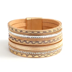 ALLYES Vintage Ethnic Leather Bracelet for Women Boho Geometric Textured Multilayer Wrap Wide Bracelets Charm Jewelry