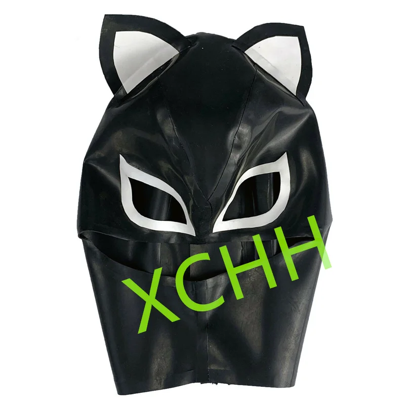 

Cat Ear Latex Hood Rubber Mask Black with White Back Zip Sexy Fetish Headgear Customize Halloween Cosplay Costume for Men Women