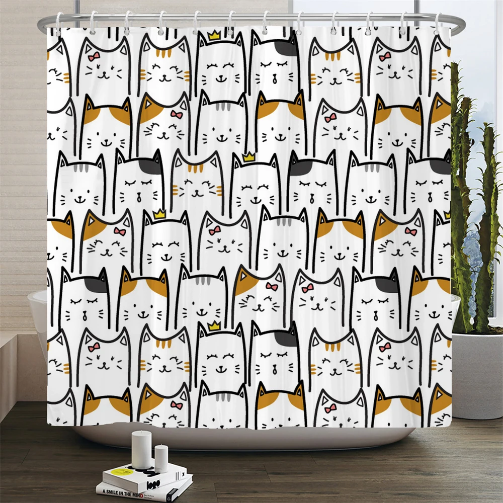 Cute Cat and Dog Shower Curtain Cartoon Painting Watercolor Baby Room Decor Curtain Modern Fabric Bathroom Curtain 180x180cm