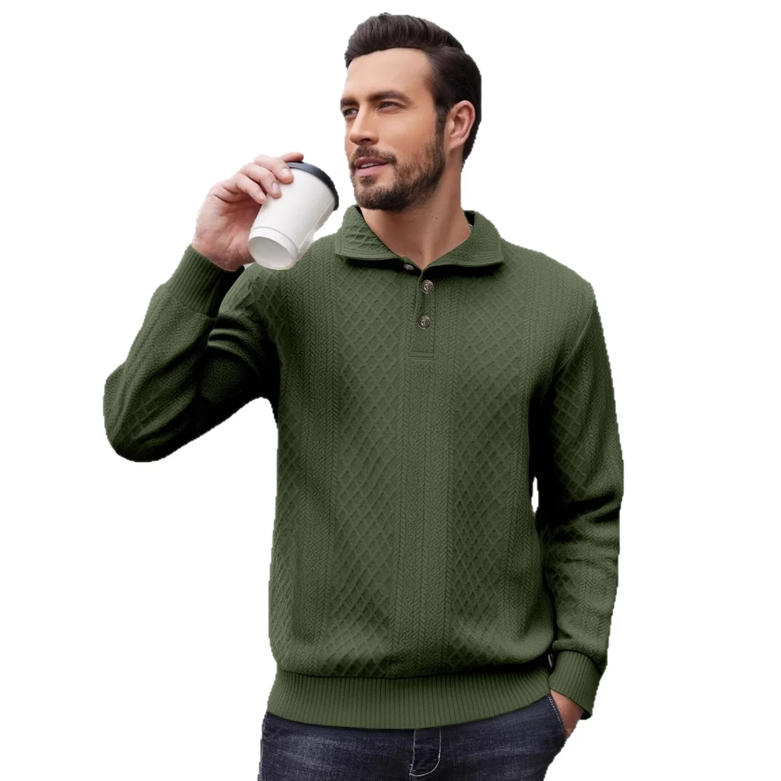 قميص رجالي 2025 بأكمام طويلة فضفاض وطية صدر السترة من قماش الجاكار بلوفر مغزول مع أزرار وسحابات لخريف وشتاء #5