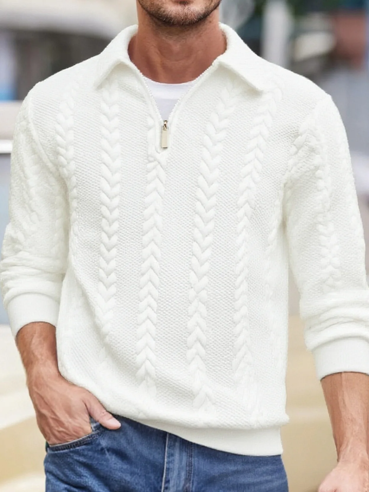 Mens Lapel Half Zip Sweatshirt Long Sleeve Cable Textured Pullover Relaxed Fit Tops For Daily Casual Autumn And Winter Dressing