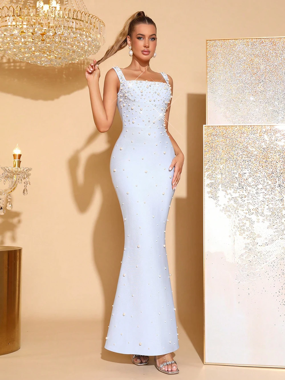 Modphy セクシーでエレガントなスパゲッティストラップマキシボディコンドレスパールビーズ装飾包帯ロングドレスイブニングカクテルドレス